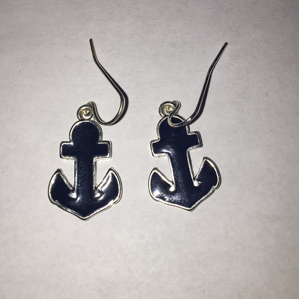 Silver & Navy Sailors Anchor Earrings